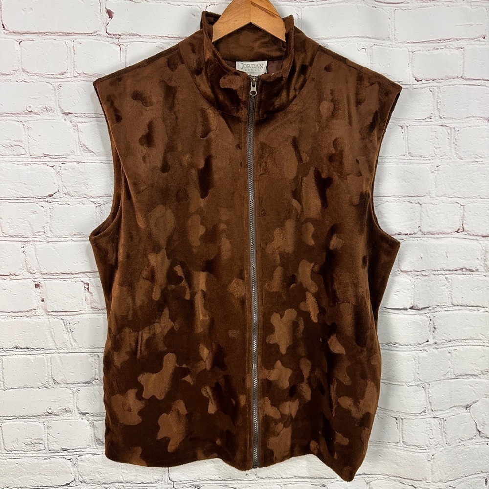 Women’s plus size Vest 1X Brown Full Zip Front Sleeveless Faux Fur Burnout